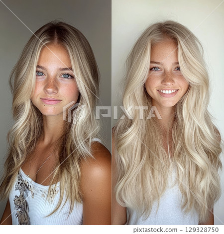Young woman with long, wavy blonde hair poses indoors, smiling in one photo. Concept of beauty and hairstyle. For hair salon advertisement. 129328750