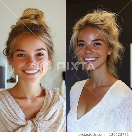 Young woman with blond hair and a bright smile is shown in two side-by-side portraits. Concept of natural beauty and happiness. For beauty and lifestyle content. 129328751