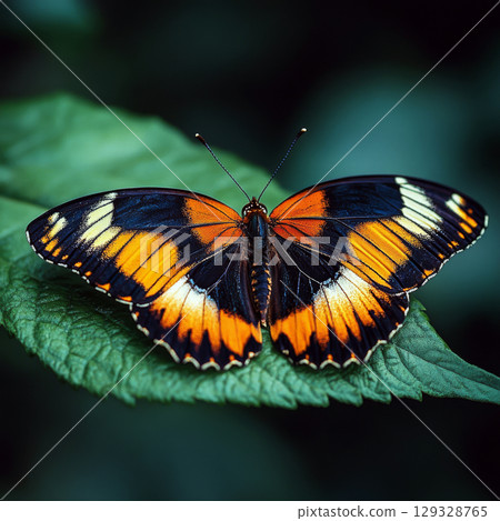 Butterfly with black, orange, and white wings rests on a green leaf. Concept of nature and beauty. For educational materials. Butterfly with black, orange, and white wings rests on a green leaf. Concept of nature and beauty. For educational materials. 129328765