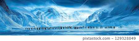 Penguins are marching in a line across an icy landscape with towering snow-covered mountains. Concept of wildlife and natural beauty. For winter wildlife themes. 129328849