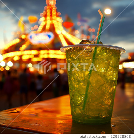 A green drink in a plastic cup with ice is on a table at night, with a blurry, illuminated amusement park in the background. Concept of refreshment at a fun park. For beverage promotions. 129328868