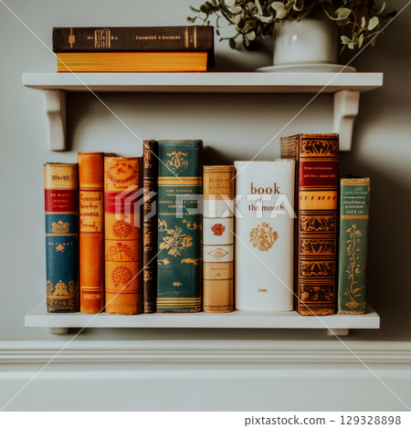 Books with ornate spines are lined up on a white shelf with a small plant pot above. Concept of reading, literature, home decor. For home library themes. 129328898