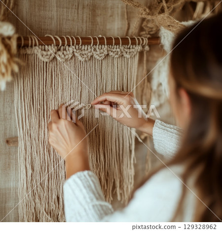 A person weaves macrame with their hands on a wooden rod. Concept of crafting, creativity, handmade art. For home decor photo. 129328962