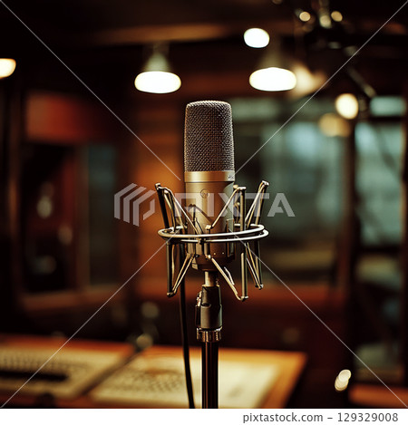 A microphone with a stand is in a dimly lit recording studio. Concept of audio recording and broadcasting 129329008