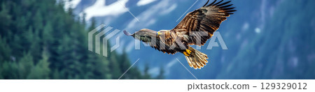 An eagle soars in the sky with forested mountains in the background. Concept of freedom and nature. For wildlife poster. 129329012