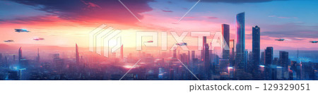 Futuristic cityscape with flying vehicles at sunset, skyscrapers glowing under vibrant sky. Concept of future urban life. For science fiction visuals. 129329051