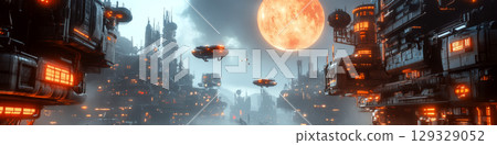 Futuristic cityscape with illuminated buildings and flying vehicles under a large full moon. Concept of advanced technology and future living. For sci-fi visuals. 129329052