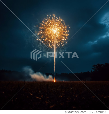 A single firework explodes in the sky above a field at night. Concept of celebration and joy. For event announcements 129329055