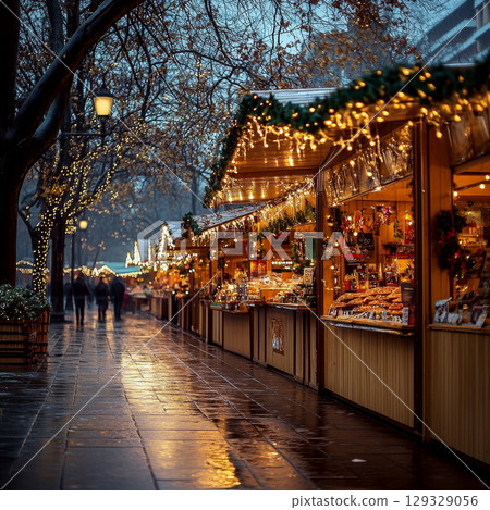 Market stalls lined with festive lights under a glowing evening sky, with reflections on wet pavement. Concept of holiday shopping atmosphere. For holiday market photo. 129329056