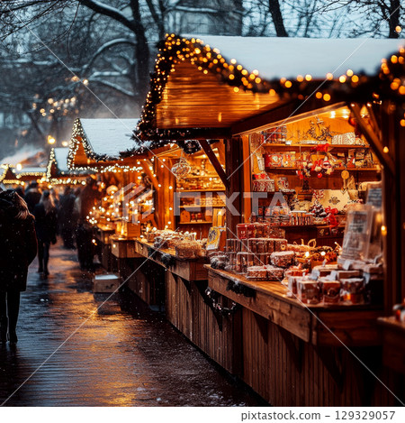 Wooden stalls adorned with festive lights line a snowy street, while people browse colorful holiday treats. Concept of a festive outdoor holiday market. For holiday market advertisement. 129329057