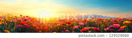 A vibrant wildflower field with mountains in the distance under a golden sunset. Concept of natural beauty and tranquility. For springtime inspiration. 129329080