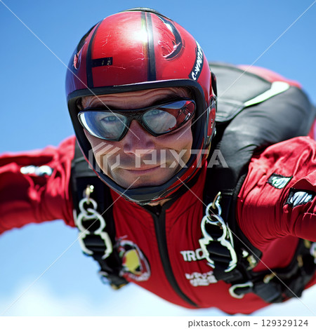A skydiver in a red suit and helmet is freefalling against a blue sky. Concept of adventure and extreme sports. For sportswear promotion. 129329124