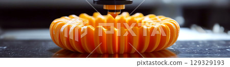 A 3D printer is creating an orange gear on a flat surface in a workshop. Concept of innovation and manufacturing. For tech and engineering presentations. 129329193