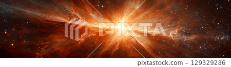 Fiery cosmic explosion with orange and red colors spreads across a starry sky. Concept of space phenomena and cosmic events. For presentations on astronomy or science fiction. 129329286