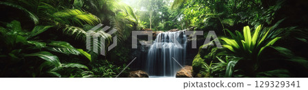 Lush green jungle surrounds a cascading waterfall under soft sunlight. Concept of tropical nature and tranquility. For promoting travel destinations 129329341