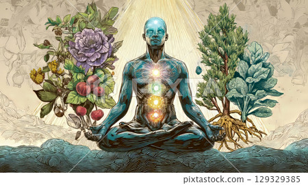 Chakra energy flow depicted in a stylized meditation pose with plant elements 129329385