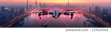 Drone flies over river with illuminated city skyline at sunset. Concept of technology and urban exploration. For showcasing drone capabilities. 129329392