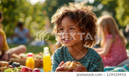 Happy child enjoying outdoor picnic with juice and snacks on sunny day Happy child enjoying outdoor picnic with juice and snacks on sunny day 129329458
