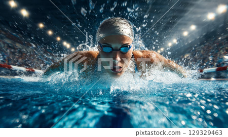 A focused swimmer in action, intense butterfly stroke in a competition pool A focused swimmer in action, intense butterfly stroke in a competition pool 129329463