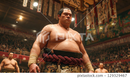 A powerful sumo wrestler stepped into a traditional Japanese ring during a tournament 129329467
