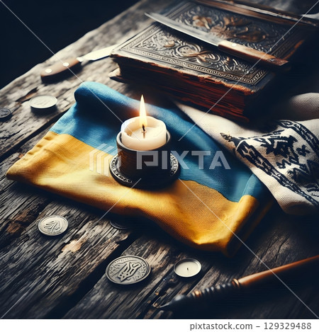 Folded Ukrainian Flag with Burning Candle on Wooden Background 129329488