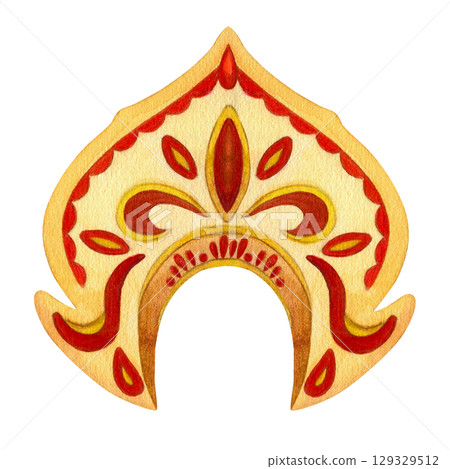 Yellow kokoshnik decorated with embroidery and red stones. Watercolor hand-drawn illustration on white background. Traditional Russian Slavic festive women's folk headdress, vintage accessory Yellow kokoshnik decorated with embroidery and red stones. Watercolor hand-drawn illustration on white background. Traditional Russian Slavic festive women's folk headdress, vintage accessory 129329512
