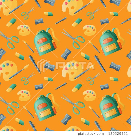 Seamless pattern of school accessories. Wallpaper, website and cover template design. Vector illustration 129329531