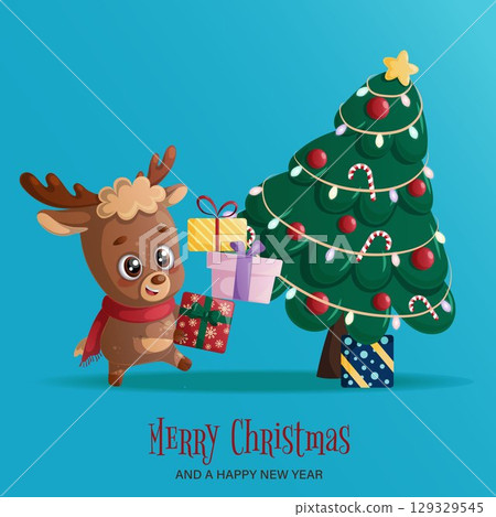 Cute deer. A design element for invitation cards, New Year's, Christmas parties, birthdays and children's parties. Design elements for the Internet, postcards and publications. Vector illustration 129329545