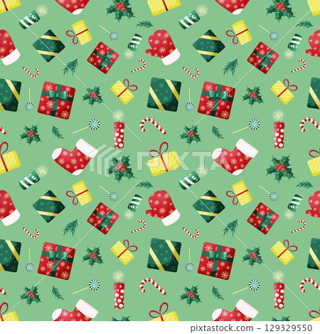 Seamless pattern with New Year and Christmas accessories. A design element for backgrounds, desktop wallpapers and the Internet. Vector illustration 129329550