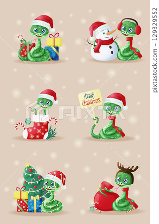 A set with a cute snake and New Year's attributes. New Year and Christmas card. Vector illustration 129329552