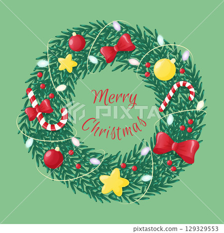 Christmas wreath with decorations on a green background. New Year and Christmas card. Vector illustration 129329553
