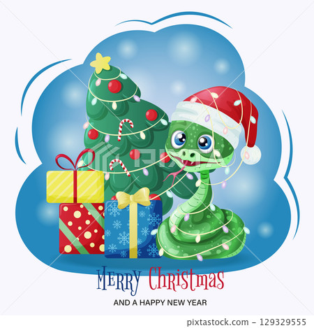 A cute snake with a Christmas tree and gift boxes. New Year and Christmas card. Vector illustration A cute snake with a Christmas tree and gift boxes. New Year and Christmas card. Vector illustration 129329555