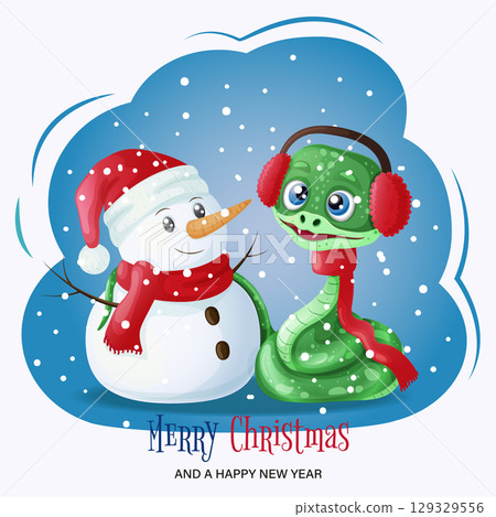 Cute snake with a snowman. New Year and Christmas card. Vector illustration 129329556