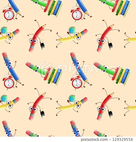 Seamless pattern with funny pencil characters. Wallpaper, website and cover template design. Vector illustration Seamless pattern with funny pencil characters. Wallpaper, website and cover template design. Vector illustration 129329558