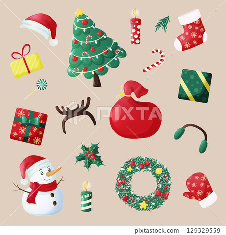 A set of New Year and Christmas accessories. Vector illustration 129329559