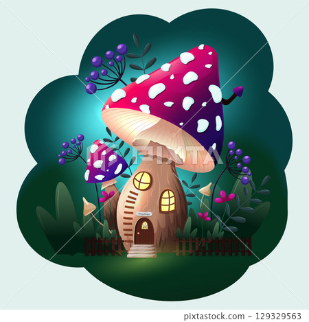 fabulous magical night house mushroom, fly agaric, on a green background, vector illustration fabulous magical night house mushroom, fly agaric, on a green background, vector illustration 129329563