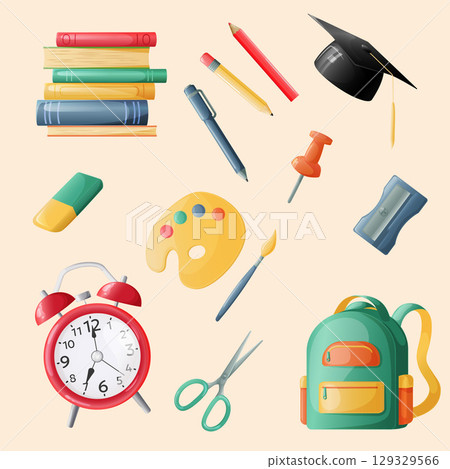 Office supplies. Stacks of books, writing supplies for the office and school. Back to school. Vector illustration 129329566