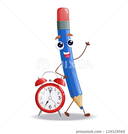 Funny cartoon pencil characters with alarm clock. Isolated on a white background. Vector illustration 129329568
