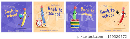 return to school vector banner. Background design with funny pencil characters and elements of educational accessories. Design for poster, wallpaper, website and cover template. Vector illustration 129329572