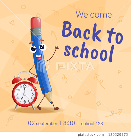 return to school vector banner. Background design with funny pencil characters. Design for poster, wallpaper, website and cover template. Vector illustration 129329573