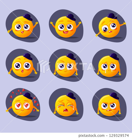 Vector set of cute emojis in a baseball cap, anger, grief, love, sadness, distrust, surprise, madness, happiness, joy. Vector illustration 129329574