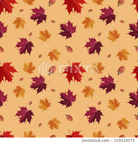 autumn seamless pattern on a beige background, autumn maple leaves, vector illustration 129329575
