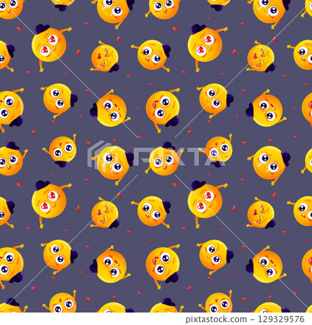 Seamless pattern with emojis in a baseball cap on a blue background, vector illustration 129329576