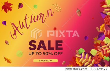 banner with autumn sales, autumn falling leaves, acorns, rowan berries on a red and yellow background. Vector illustration banner with autumn sales, autumn falling leaves, acorns, rowan berries on a red and yellow background. Vector illustration 129329577