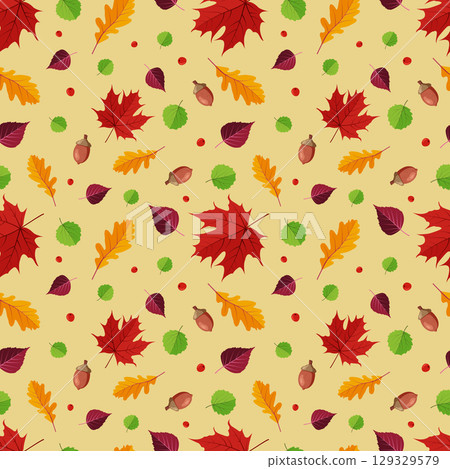 autumn pattern on a yellow background, autumn leaves, vector illustration 129329579