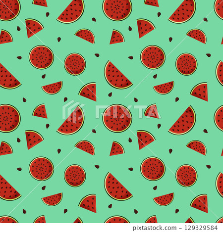 Seamless pattern with watermelon slices on a green background. Vector illustration 129329584