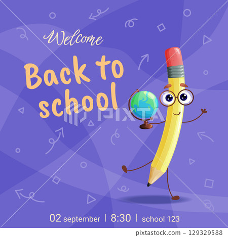 return to school vector banner. Background design with funny pencil characters. Design for poster, wallpaper, website and cover template. Vector illustration 129329588