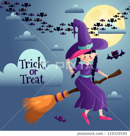 A cute witch in a hat is flying on a broomstick at night. A design element for invitation cards, Halloween parties. Design elements for the Internet, postcards and publications. Vector illustration A cute witch in a hat is flying on a broomstick at night. A design element for invitation cards, Halloween parties. Design elements for the Internet, postcards and publications. Vector illustration 129329589