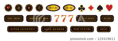 Casino signs vector set, items for gambling, dark and golden colors. Round poker chips, card suits, popular symbols and slogans Casino signs vector set, items for gambling, dark and golden colors. Round poker chips, card suits, popular symbols and slogans 129329611