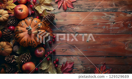 Autumn frame of pumpkins brown wooden table. Decor for Halloween, Thanksgiving. 129329689